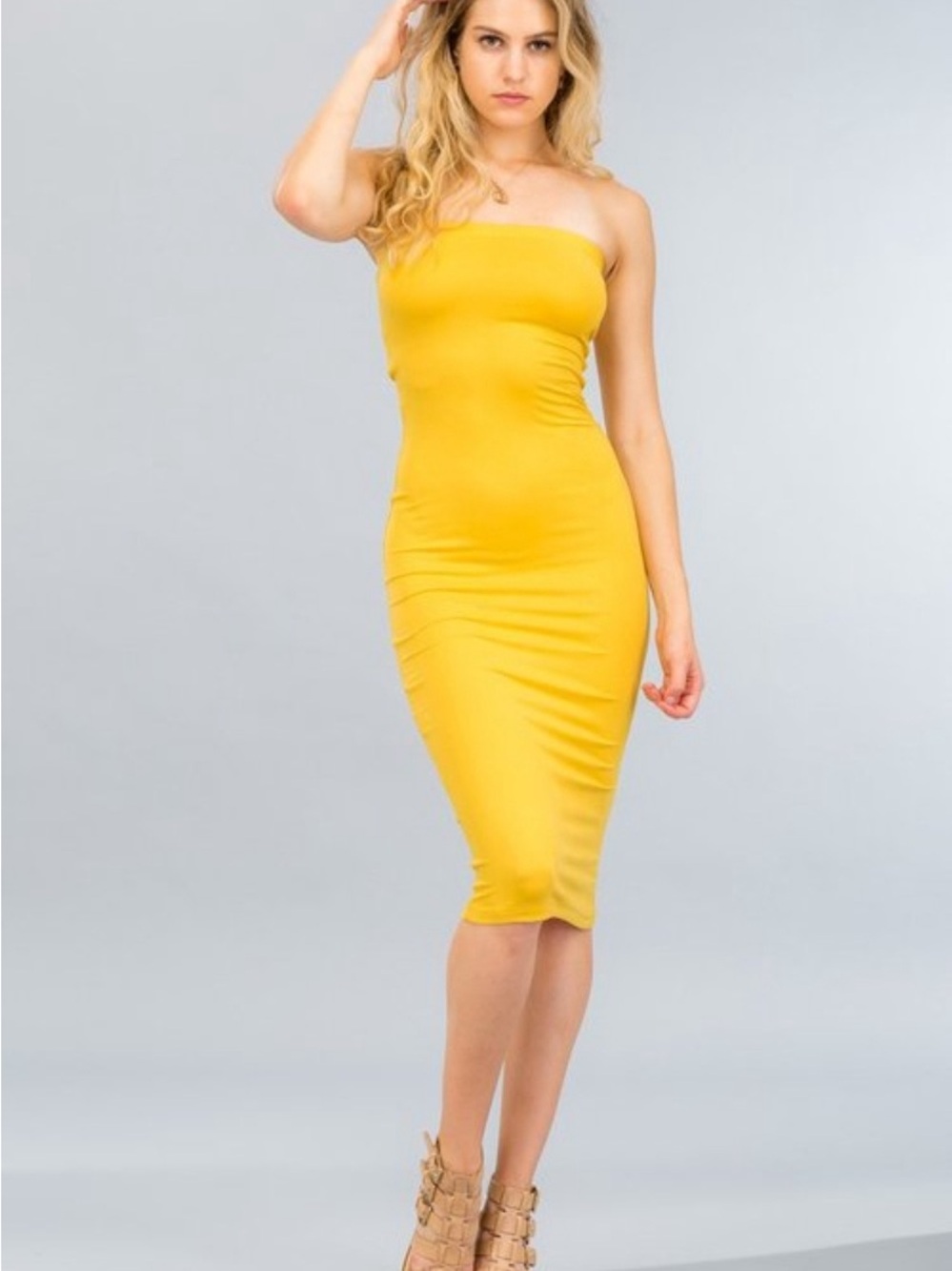 Strapless Midi Bodycon Dress in Sunny Yellow